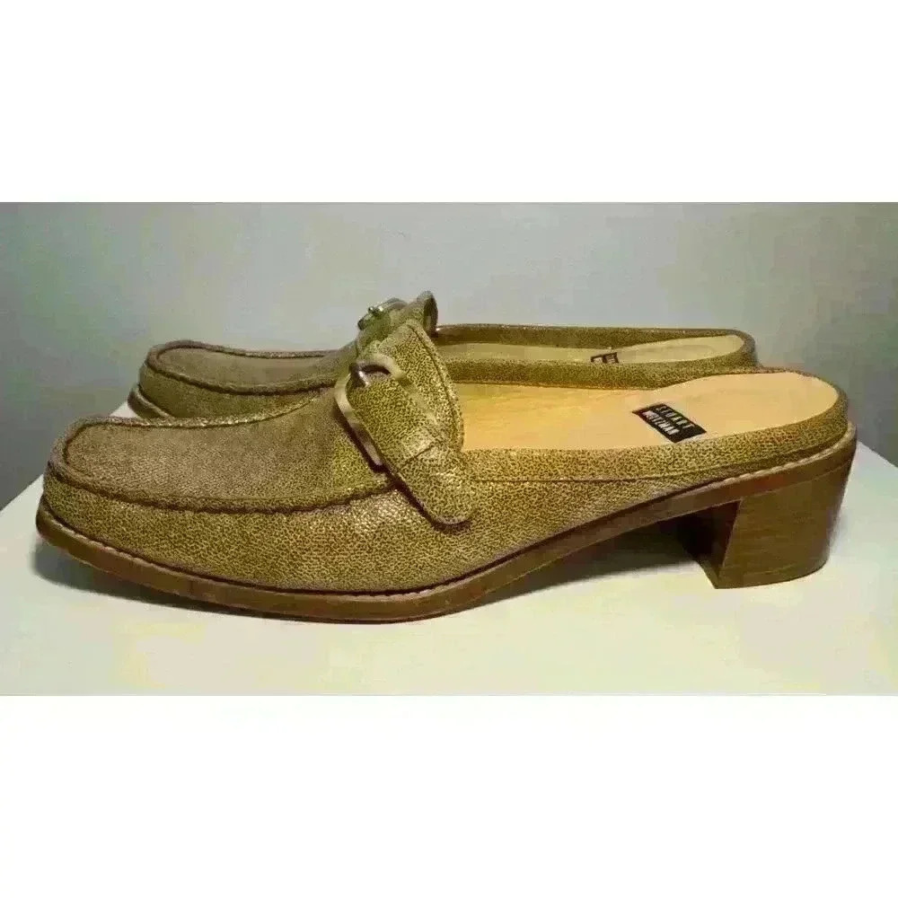 Stuart Weitzman Slide Women 7B Tan Beige Fabric Slip On Buckle Block Heel Spain - Picture 6 of 9